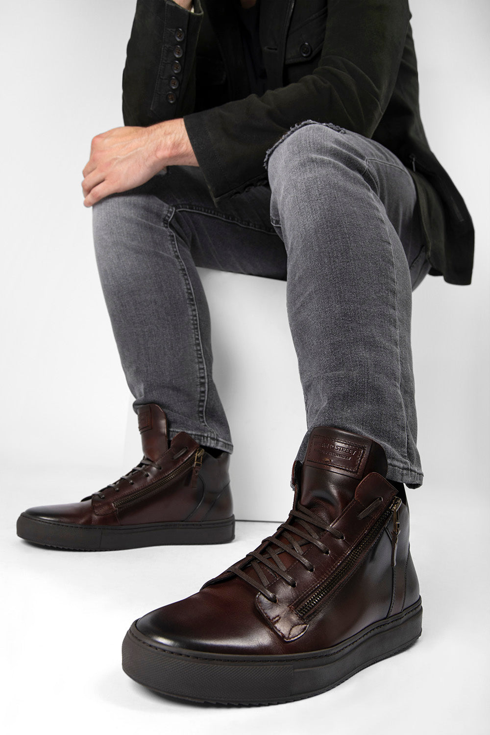 UNTAMED STREET Men Brown Calf-Leather High Top Sneakers SOHO