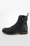 SLOANE matte-black lace-up buckle boots.