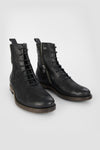 SLOANE matte-black lace-up buckle boots.