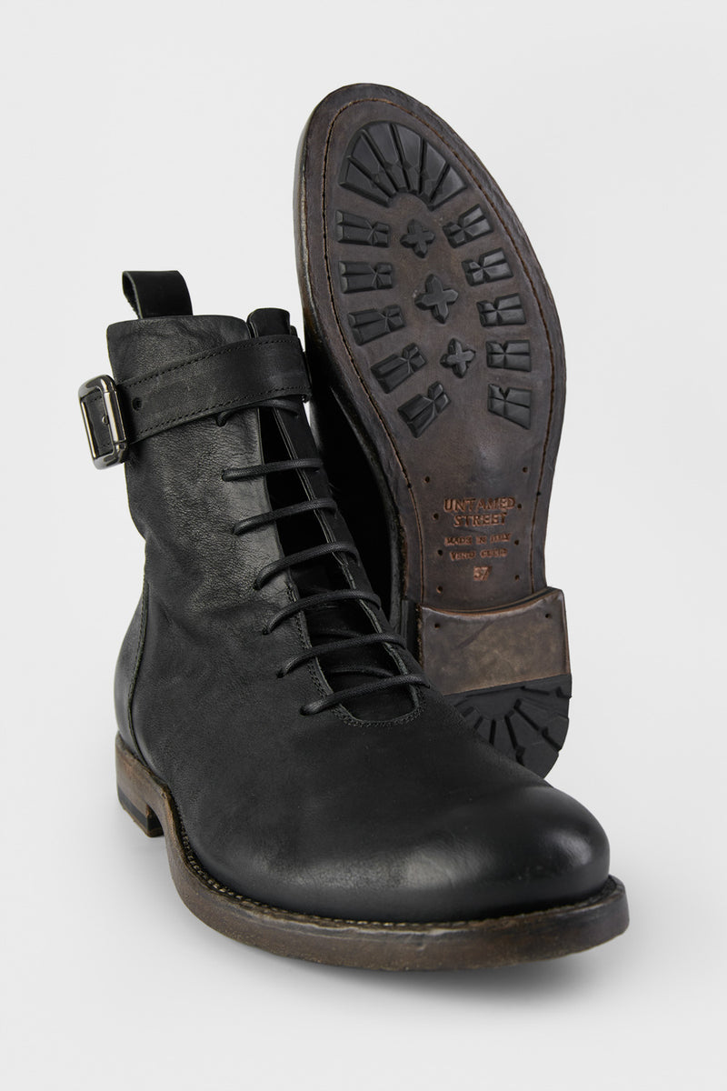 SLOANE matte-black lace-up buckle boots.