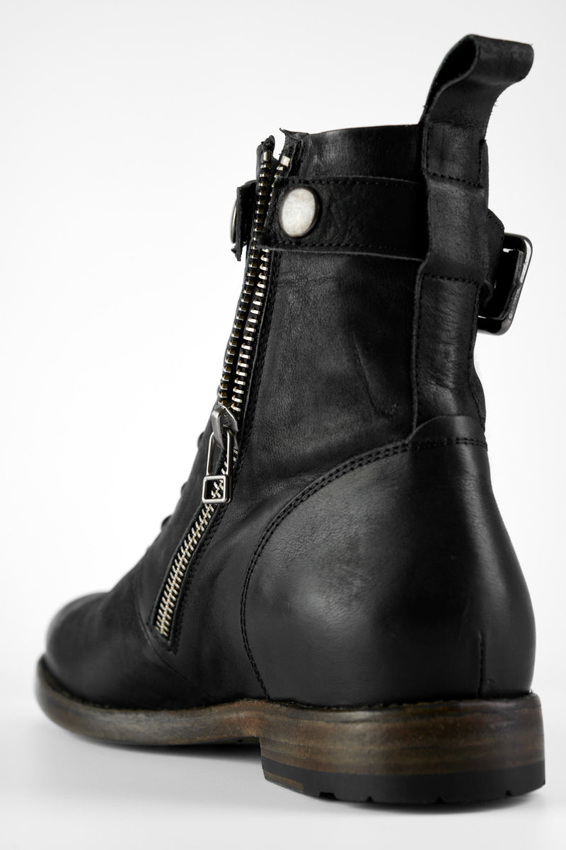 SLOANE matte-black lace-up buckle boots.