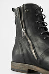 SLOANE matte-black lace-up buckle boots.