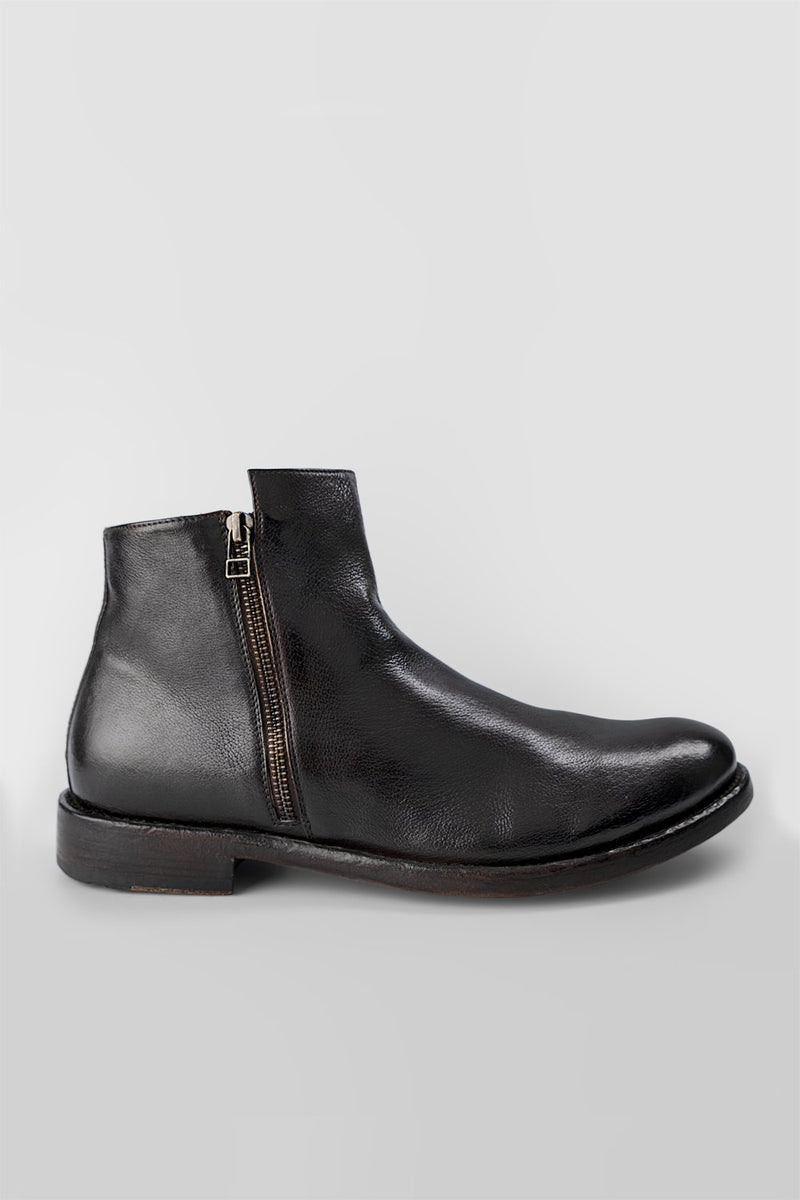 SLOANE dark-cocoa double-zip ankle boots.