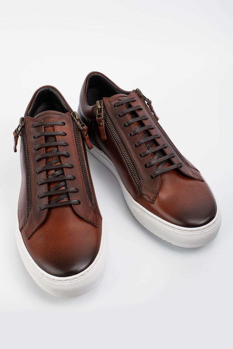 SOHO cocoa-brown double-zip patina sneakers.