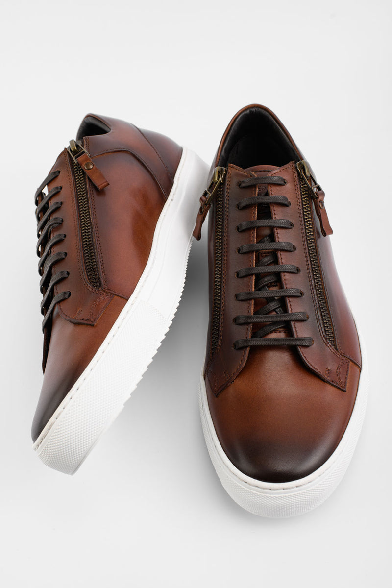 SOHO cocoa-brown double-zip patina sneakers.