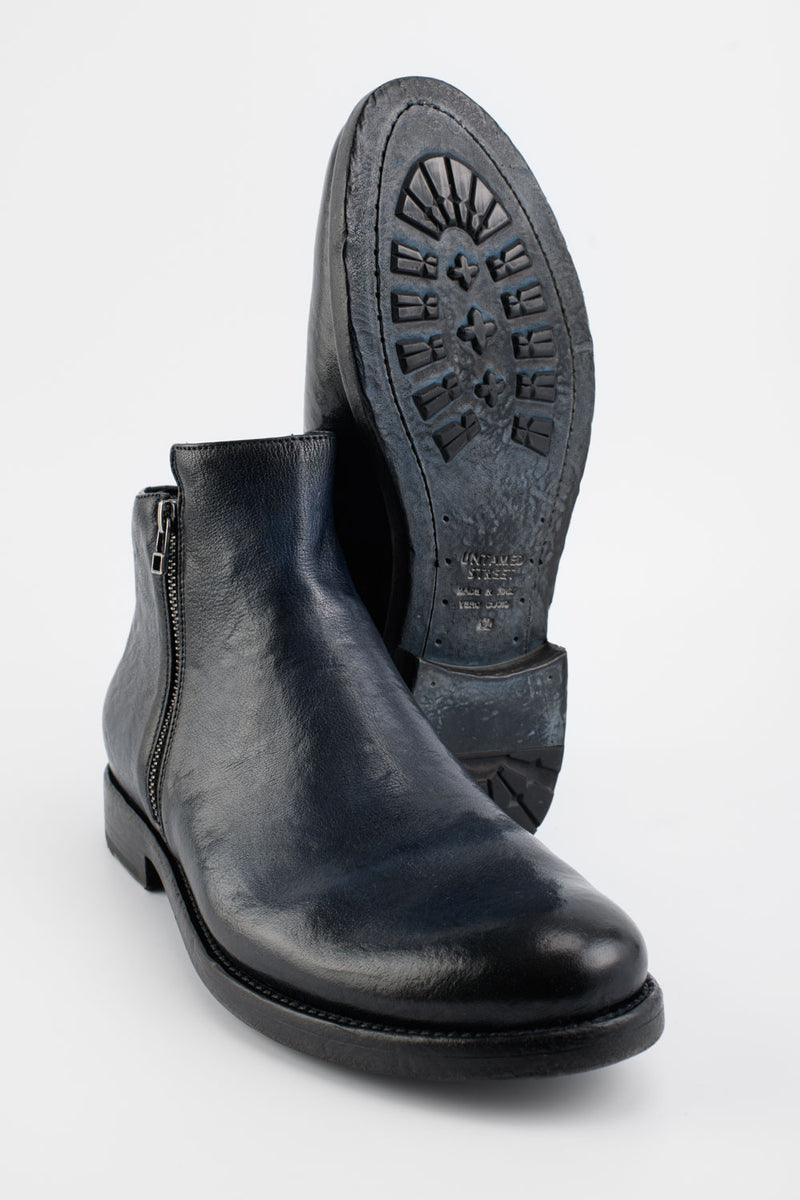 SLOANE meteorite-blue double-zip ankle boots.