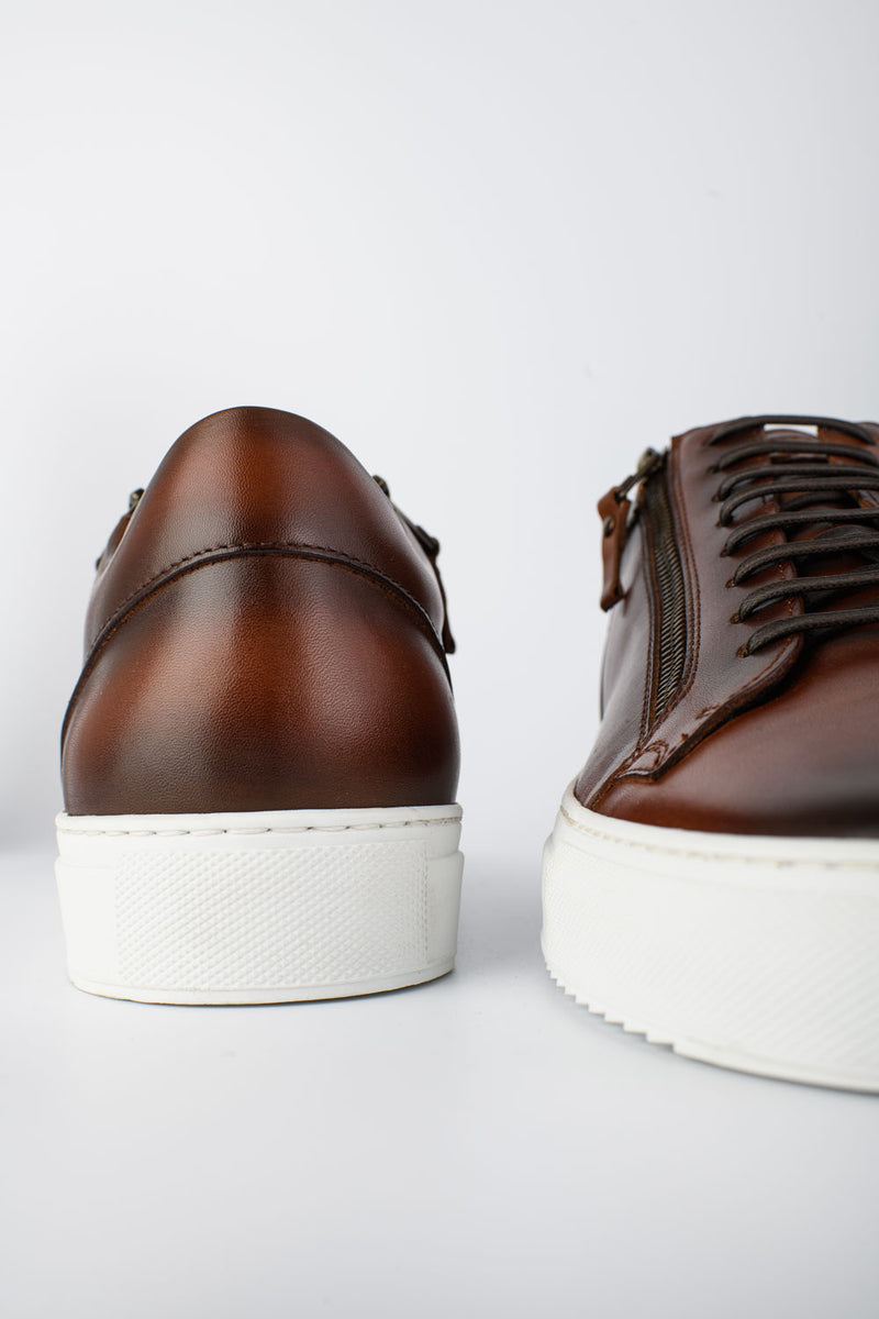 SOHO cocoa-brown double-zip patina sneakers.