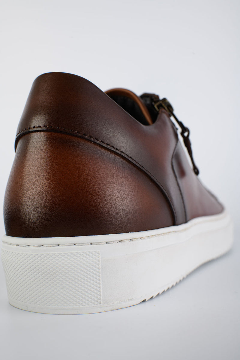 SOHO cocoa-brown double-zip patina sneakers.