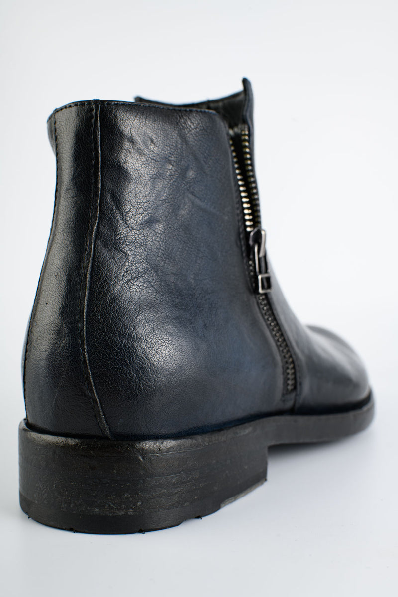 SLOANE meteorite-blue double-zip ankle boots.