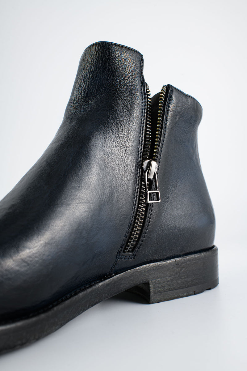 SLOANE meteorite-blue double-zip ankle boots.