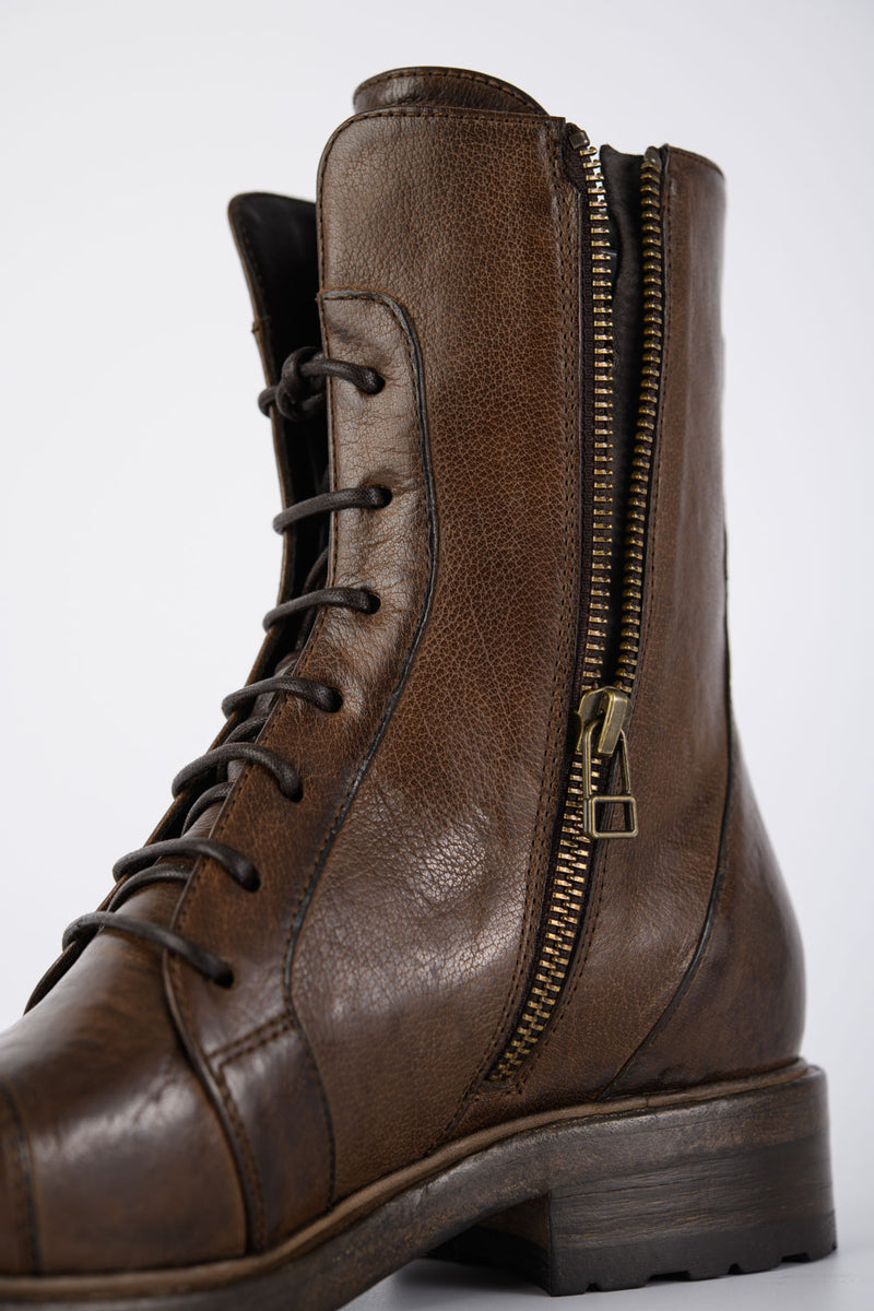 AVERY powder-chocolate lace-up boots.