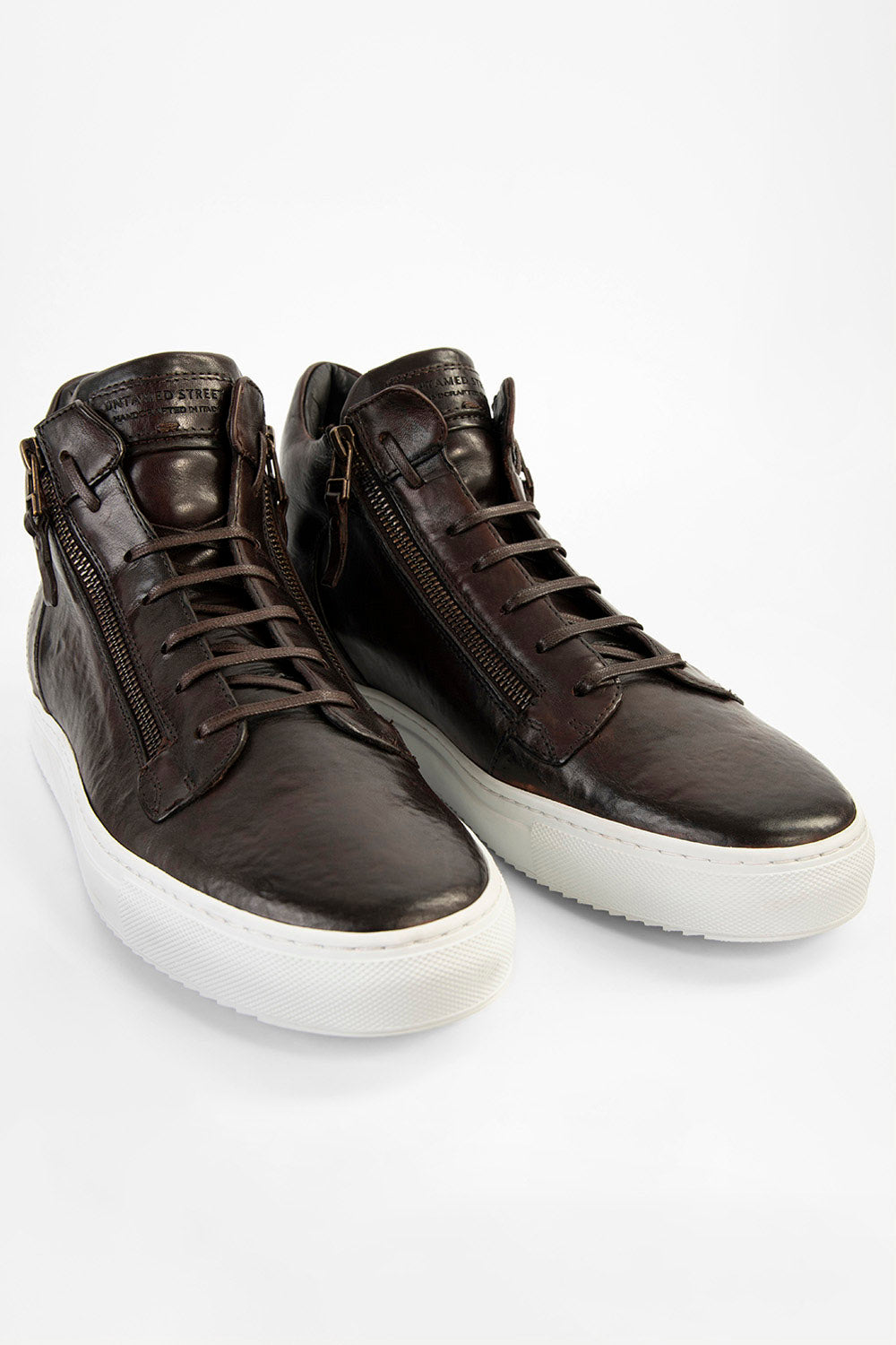 SOHO ROGUE dark-cocoa distressed high sneakers.