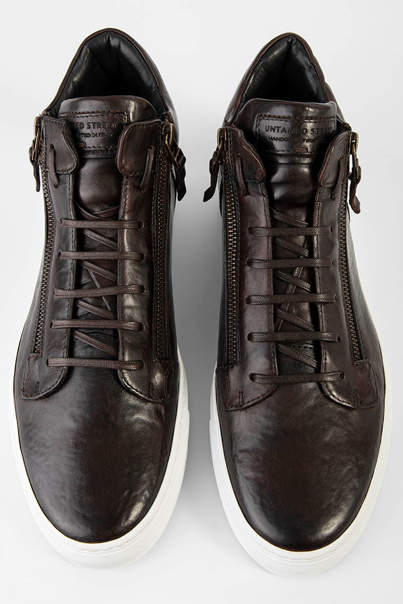 SOHO ROGUE dark-cocoa distressed high sneakers.