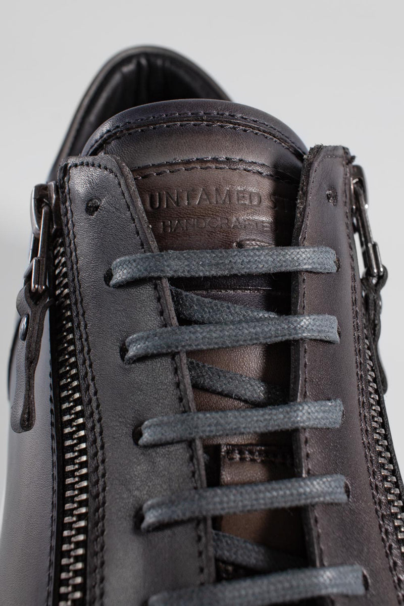 SOHO aluminium-grey double-zip patina sneakers.