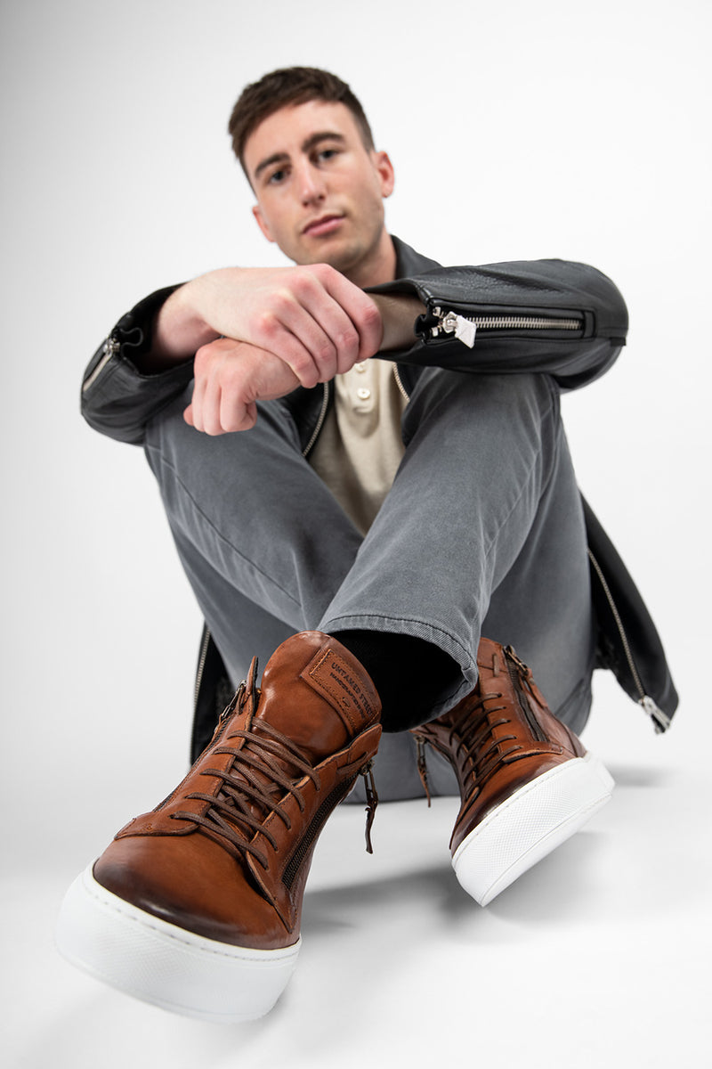 UNTAMED STREET Men Brown Calf-Leather High Top Sneakers SOHO