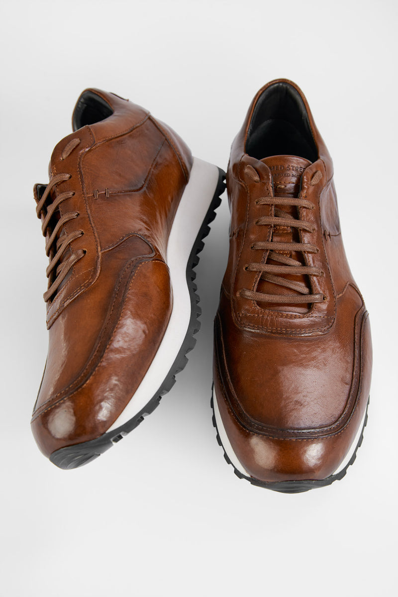 UNTAMED STREET Men Brown Calf-Leather Runners Sneakers SOHO