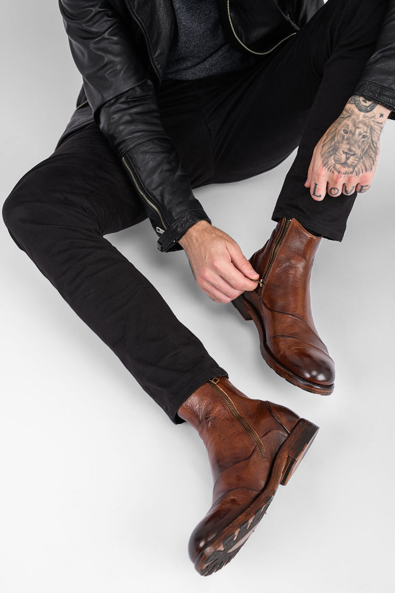 ASTON EDGE cognac laceless ankle boots.