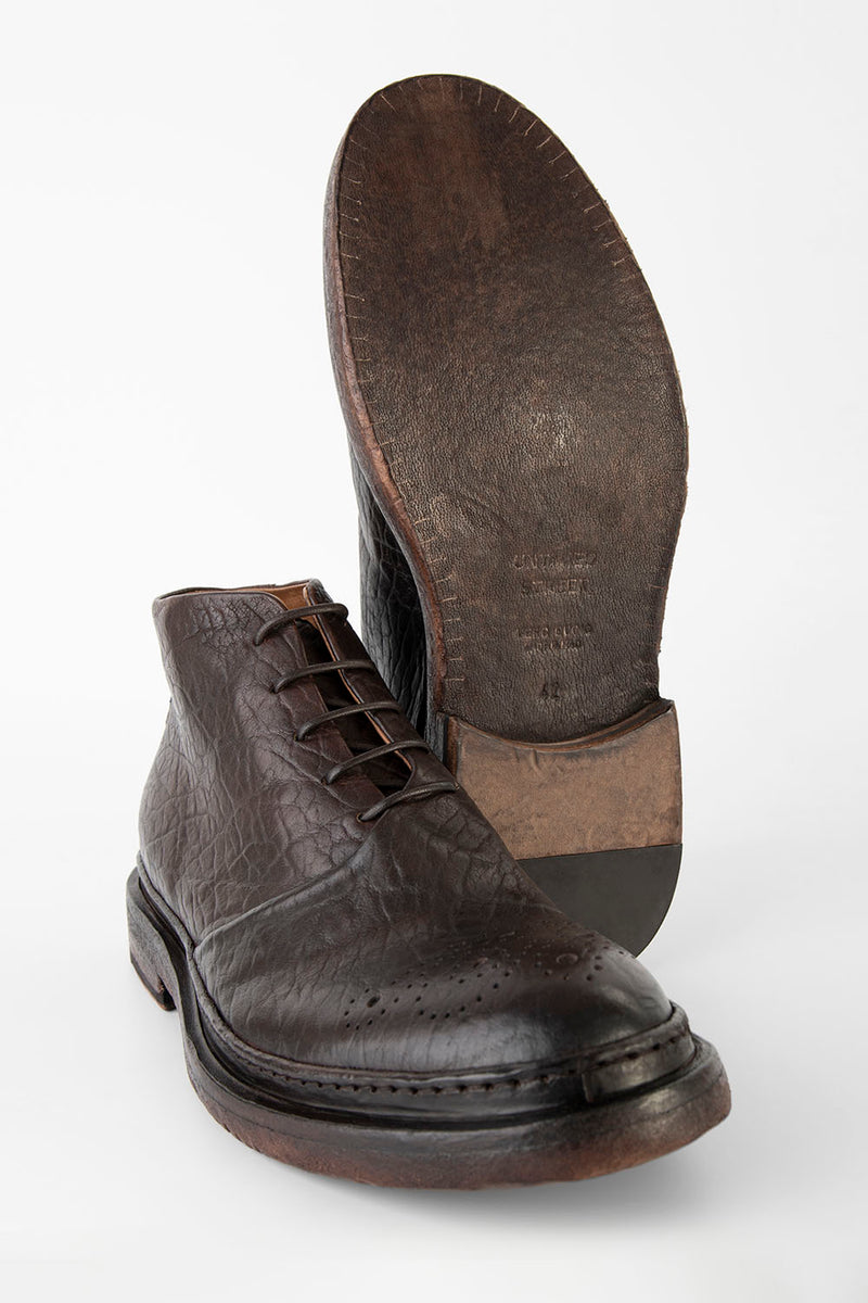 YORK cigar-brown grained welted chukka boots.