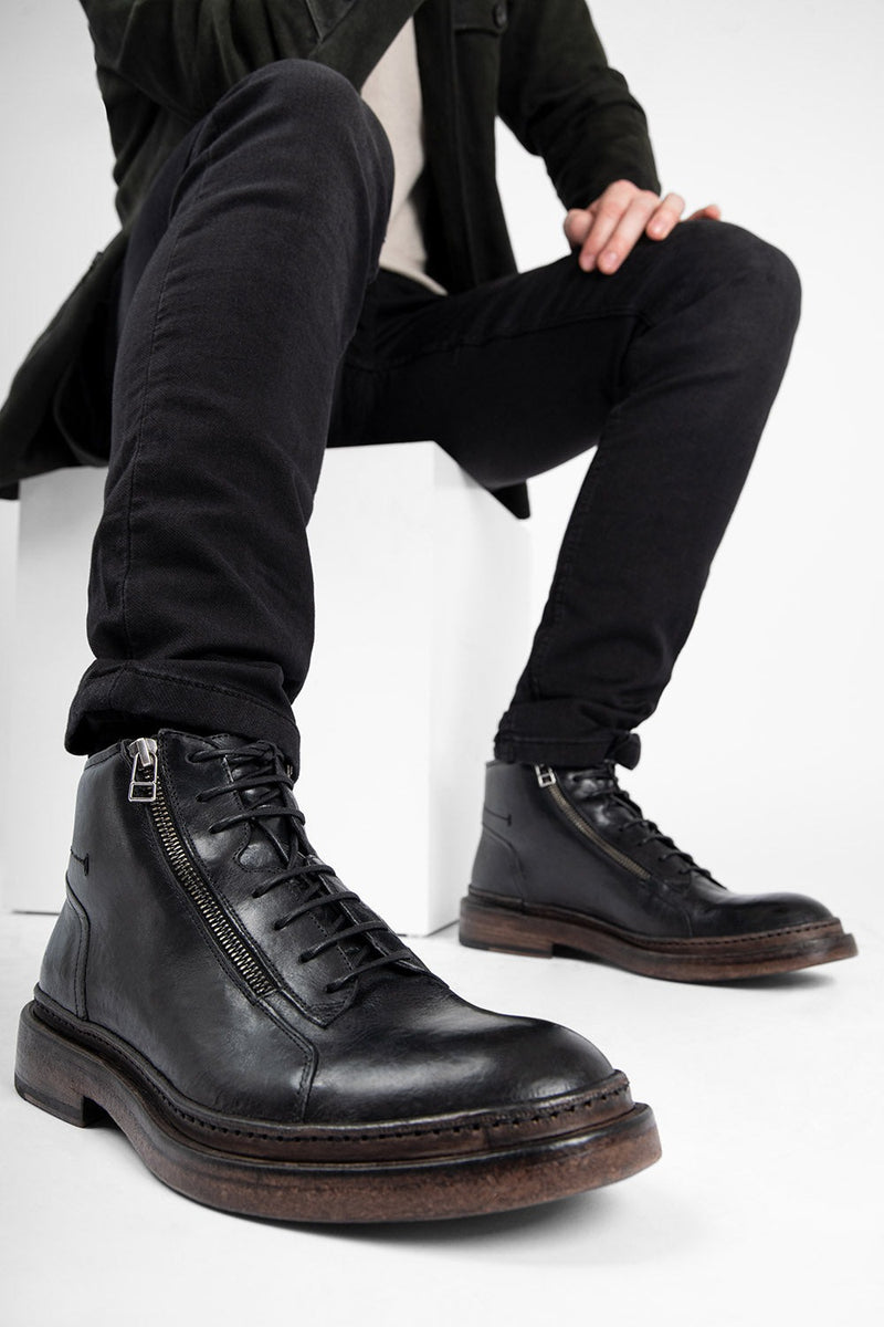 OSSTONE Men's Leather Chukka Dress Boots - Casual Zipper-Up Ankle Boots With Wood Sole